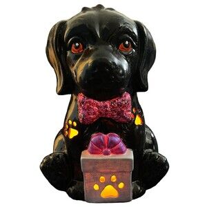LED Light Up Ceramic Black Dog Figurine 7.5” x 6” Halloween Runs On Battery